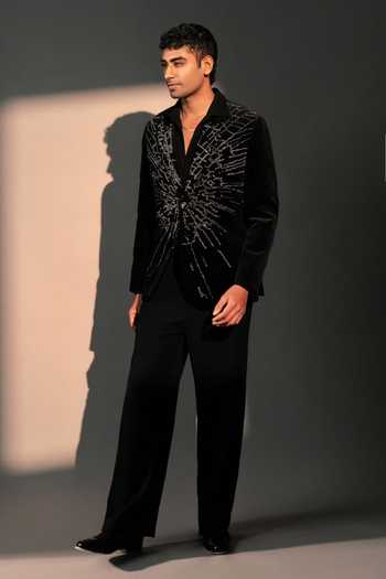 Shop_ROHIT DOSHI_Black Velvet Craqulon Embellished Blazer _at_Aza_Fashions