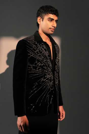 Shop_ROHIT DOSHI_Black Velvet Craqulon Embellished Blazer _Online_at_Aza_Fashions