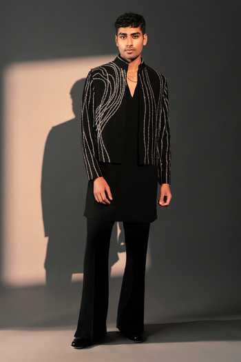 Shop_ROHIT DOSHI_Black Polyester Embroidery Sashiko Bandhgala Jacket _at_Aza_Fashions