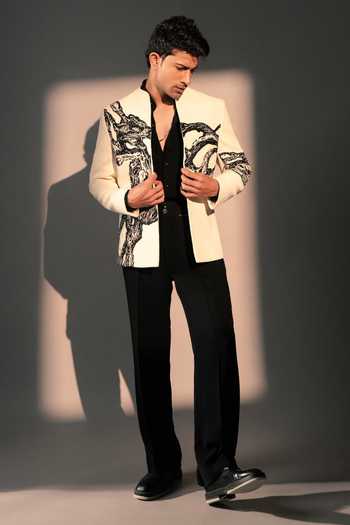 Shop_ROHIT DOSHI_Off White Polyester Ancient Layers Bandhgala Jacket _at_Aza_Fashions