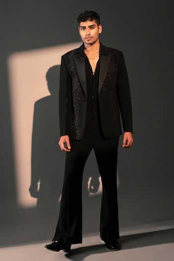 Shop_ROHIT DOSHI_Black Polyester Erosia Embroidered Blazer _at_Aza_Fashions