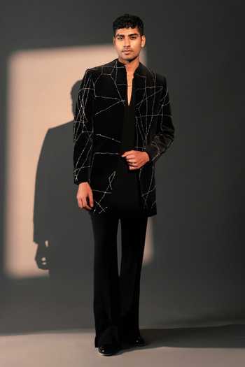 Buy_ROHIT DOSHI_Black Velvet, Polyester Broken Embroidered Jacket And Kurta Set _at_Aza_Fashions