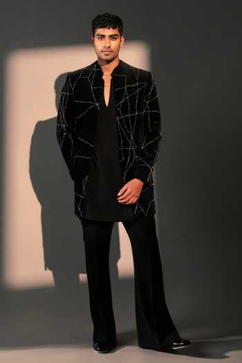 Shop_ROHIT DOSHI_Black Velvet, Polyester Broken Embroidered Jacket And Kurta Set _at_Aza_Fashions