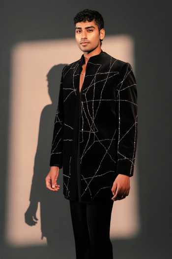 ROHIT DOSHI_Black Velvet, Polyester Broken Embroidered Jacket And Kurta Set _Online_at_Aza_Fashions
