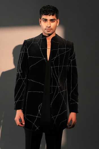 Buy_ROHIT DOSHI_Black Velvet, Polyester Broken Embroidered Jacket And Kurta Set _Online_at_Aza_Fashions