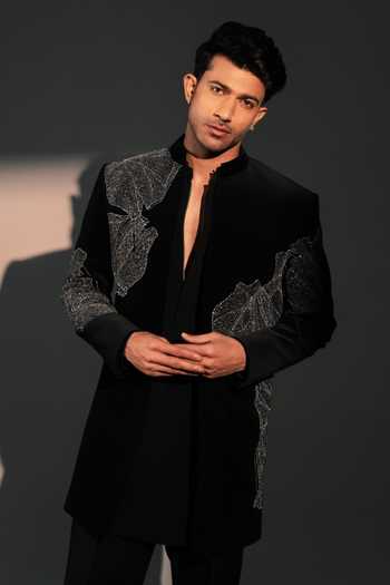 Buy_ROHIT DOSHI_Black Velvet, Polyester Velvique Embroidered Jacket And Kurta Set _Online_at_Aza_Fashions