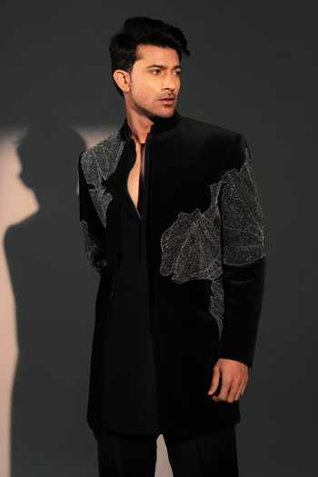 Shop_ROHIT DOSHI_Black Velvet, Polyester Velvique Embroidered Jacket And Kurta Set _at_Aza_Fashions