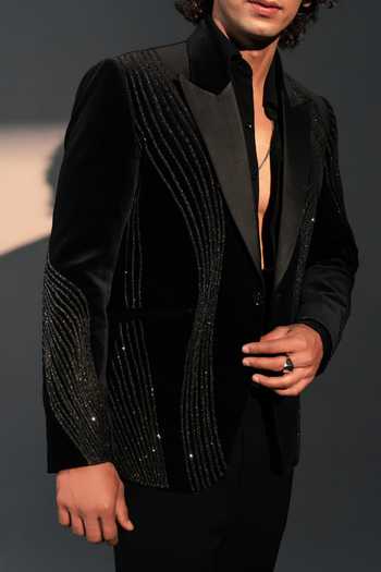 ROHIT DOSHI_Black Velvet, Polyester Assassin Embroidered Suit And Pant Set _Online_at_Aza_Fashions