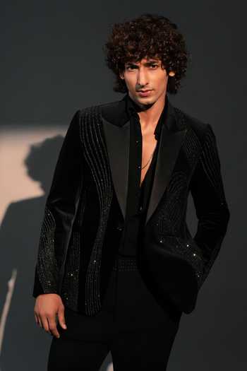 Shop_ROHIT DOSHI_Black Velvet, Polyester Assassin Embroidered Suit And Pant Set _at_Aza_Fashions