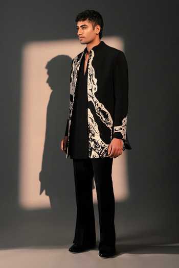 Shop_ROHIT DOSHI_Black Polyester Ancient Layers Embroidered Jacket And Kurta Set _at_Aza_Fashions