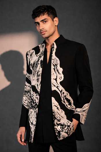 ROHIT DOSHI_Black Polyester Ancient Layers Embroidered Jacket And Kurta Set _Online_at_Aza_Fashions