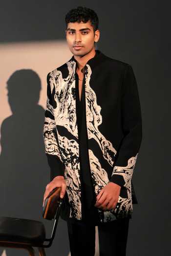 Buy_ROHIT DOSHI_Black Polyester Ancient Layers Embroidered Jacket And Kurta Set _Online_at_Aza_Fashions