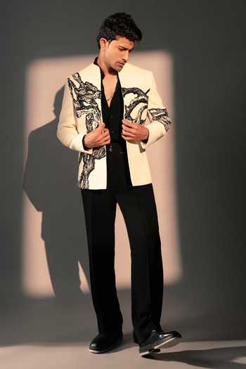 Buy_ROHIT DOSHI_Off White Polyester Embroidery Ancient Layers Bandhgala And Pant Set _at_Aza_Fashions