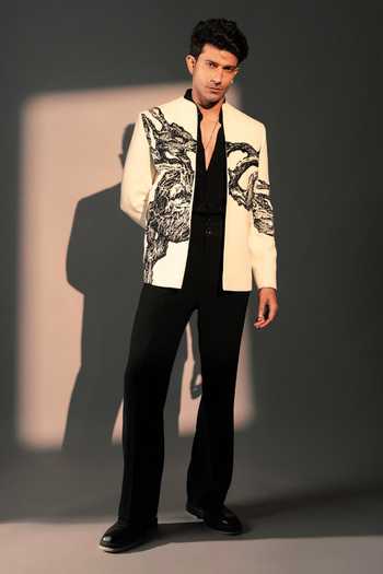 Shop_ROHIT DOSHI_Off White Polyester Embroidery Ancient Layers Bandhgala And Pant Set _at_Aza_Fashions