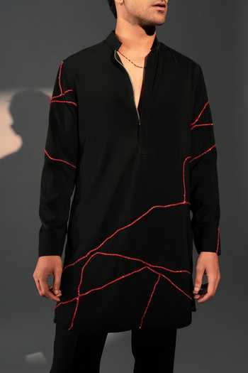 ROHIT DOSHI_Black Polyester Cherry Embroidered Kurta And Pant Set _Online_at_Aza_Fashions