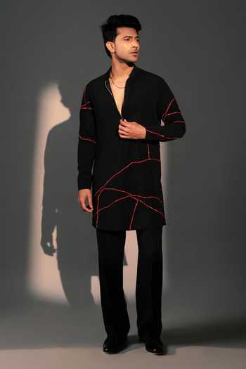 Shop_ROHIT DOSHI_Black Polyester Cherry Embroidered Kurta And Pant Set _at_Aza_Fashions