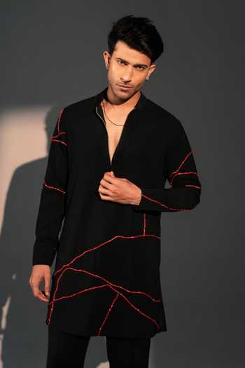 Buy_ROHIT DOSHI_Black Polyester Cherry Embroidered Kurta And Pant Set _Online_at_Aza_Fashions