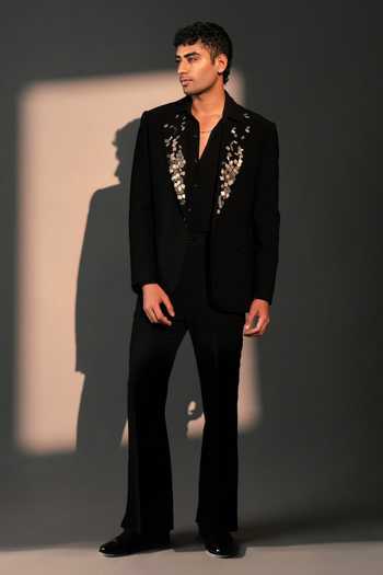 Shop_ROHIT DOSHI_Black Polyester Blazed Authority Embroidered Suit Pant Set _at_Aza_Fashions