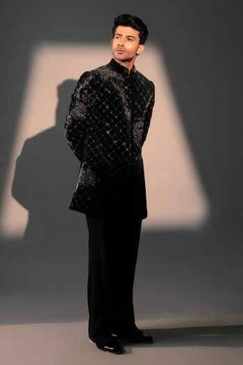 Shop_ROHIT DOSHI_Black Velvet, Polyester Disorder Embroidered Sherwani And Pant Set _at_Aza_Fashions