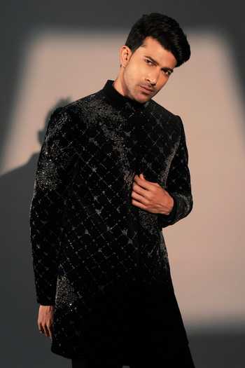 Buy_ROHIT DOSHI_Black Velvet, Polyester Disorder Embroidered Sherwani And Pant Set _Online_at_Aza_Fashions