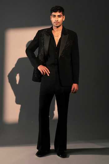 Buy_ROHIT DOSHI_Black Polyester Erosia Embroidered Suit And Pant Set _at_Aza_Fashions