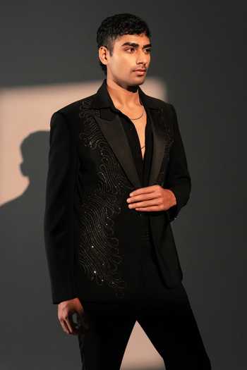 Shop_ROHIT DOSHI_Black Polyester Erosia Embroidered Suit And Pant Set _Online_at_Aza_Fashions