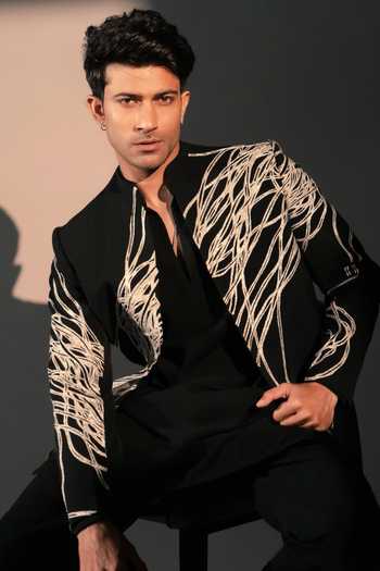 ROHIT DOSHI_Black Polyester Feral Forest Embroidered Jacket And Kurta Set _Online_at_Aza_Fashions
