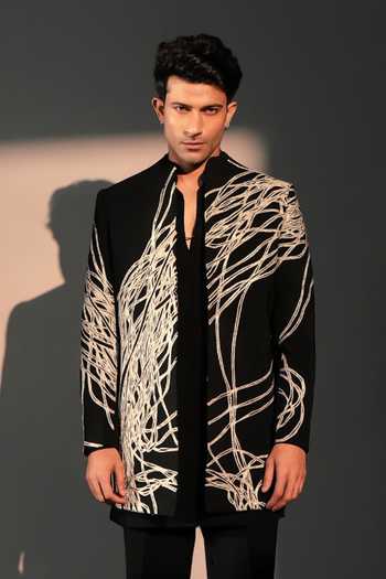 Shop_ROHIT DOSHI_Black Polyester Feral Forest Embroidered Jacket And Kurta Set _at_Aza_Fashions
