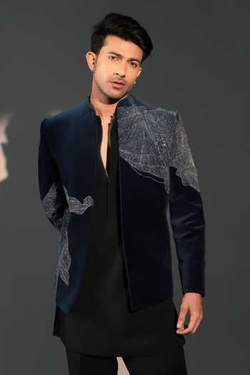 ROHIT DOSHI_Navy Polyester, Velvet Sequins Glazure Embroidered Bandhgala And Kurta Set _Online_at_Aza_Fashions