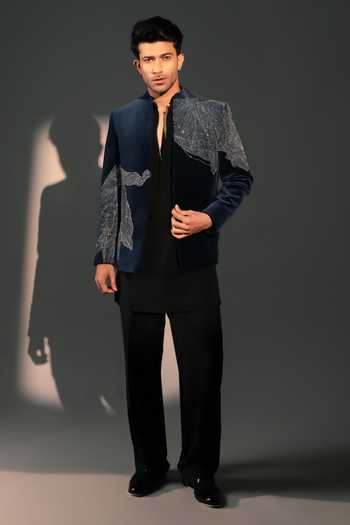 Buy_ROHIT DOSHI_Navy Polyester, Velvet Sequins Glazure Embroidered Bandhgala And Kurta Set _at_Aza_Fashions