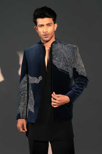 Shop_ROHIT DOSHI_Navy Polyester, Velvet Sequins Glazure Embroidered Bandhgala And Kurta Set _Online_at_Aza_Fashions