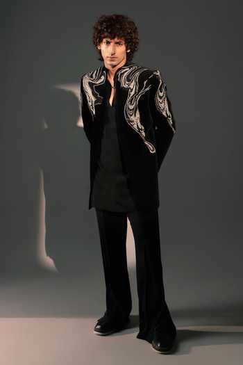 Shop_ROHIT DOSHI_Black Velvet, Polyester Liquid Burn Embroidered Jacket And Kurta Set _at_Aza_Fashions