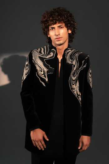 Buy_ROHIT DOSHI_Black Velvet, Polyester Liquid Burn Embroidered Jacket And Kurta Set _Online_at_Aza_Fashions