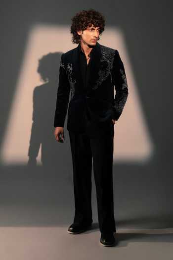 Shop_ROHIT DOSHI_Blue Velvet, Cotton Silence Embroidered Suit And Pant Set _at_Aza_Fashions