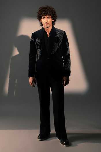 Buy_ROHIT DOSHI_Blue Velvet, Cotton Silence Embroidered Suit And Pant Set _at_Aza_Fashions