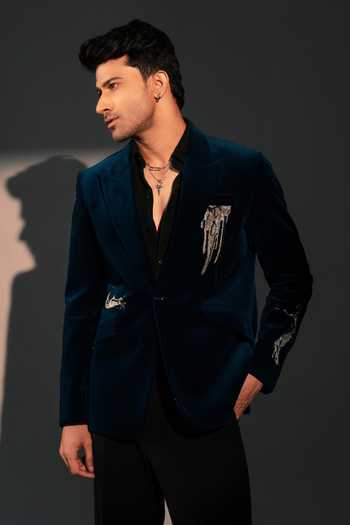 Shop_ROHIT DOSHI_Teal Velvet, Cotton Metal Melt Embroidered Suit And Pant Set _at_Aza_Fashions