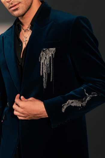 Buy_ROHIT DOSHI_Teal Velvet, Cotton Metal Melt Embroidered Suit And Pant Set _Online_at_Aza_Fashions