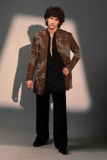 Buy_ROHIT DOSHI_Brown Polyester Prison Break Embroidered Jacket And Kurta Set _at_Aza_Fashions