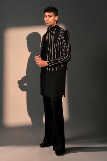Shop_ROHIT DOSHI_Black Polyester Sashiko Embroidered Jacket And Kurta Set _at_Aza_Fashions
