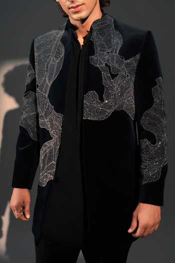 Buy_ROHIT DOSHI_Blue Velvet, Polyester Serein Embroidered Jacket And Kurta Set _Online_at_Aza_Fashions