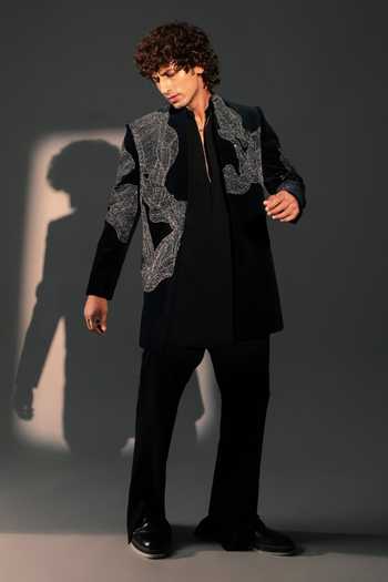 Shop_ROHIT DOSHI_Blue Velvet, Polyester Serein Embroidered Jacket And Kurta Set _at_Aza_Fashions