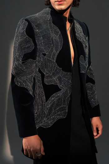 Shop_ROHIT DOSHI_Blue Velvet, Polyester Serein Embroidered Jacket And Kurta Set _Online_at_Aza_Fashions