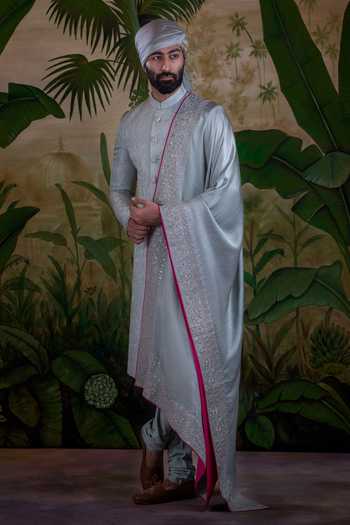 Shop_Punit Arora_Grey Silk, Jacquard, Polyester Embroidered Sherwani Set _at_Aza_Fashions