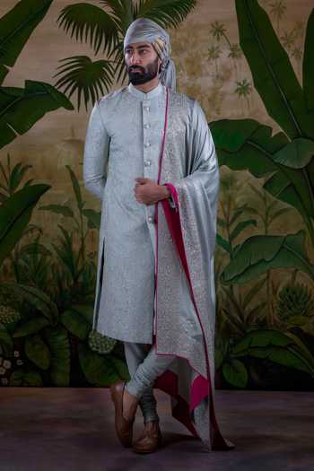 Buy_Punit Arora_Grey Silk, Jacquard, Polyester Embroidered Sherwani Set _at_Aza_Fashions