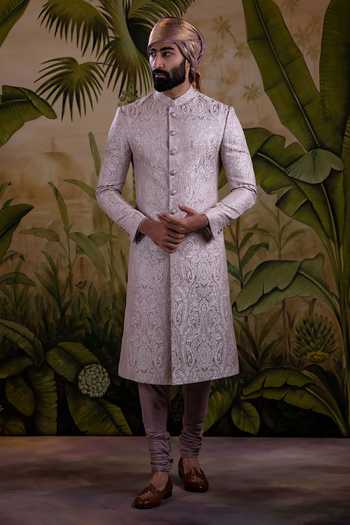 Shop_Punit Arora_Pink Silk, Jacquard Embroidered Sherwani Set _at_Aza_Fashions