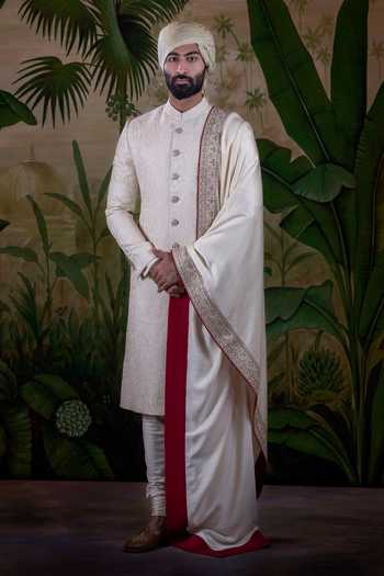 Buy_Punit Arora_Ivory Silk Tonal Dori Embroidered Sherwani Set _at_Aza_Fashions