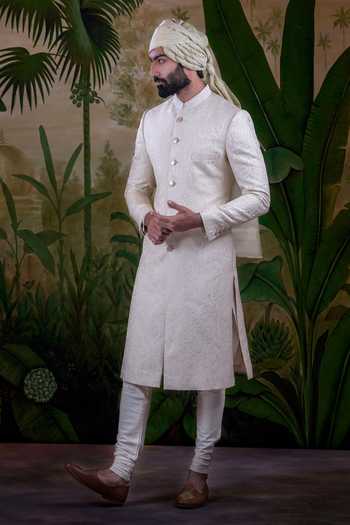 Shop_Punit Arora_Ivory Silk Tonal Dori Embroidered Sherwani Set _at_Aza_Fashions