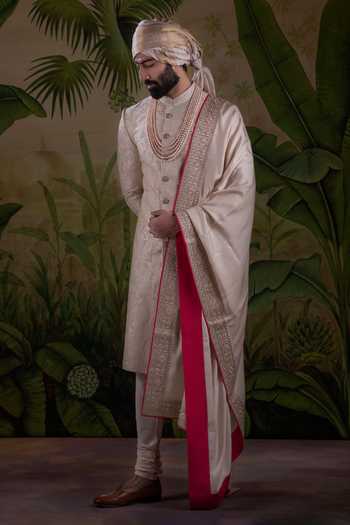 Buy_Punit Arora_Peach Silk Floral Thread Embroidered Sherwani Set _at_Aza_Fashions