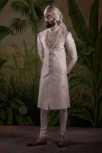 Shop_Punit Arora_Peach Silk Floral Thread Embroidered Sherwani Set _at_Aza_Fashions