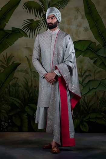 Buy_Punit Arora_Grey Silk Floral Embroidered Sherwani Set _at_Aza_Fashions